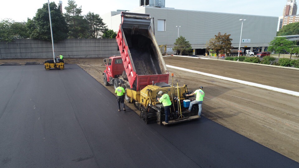 Aerial commercial asphalt parking area